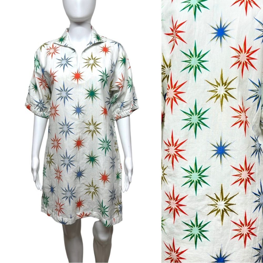 EMILY McCARTHY Poppy Shift Dress in Burst Print White Colorful XS S